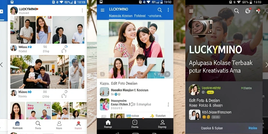 Antarmuka LUCKYMINO menampilkan fitur kolase foto yang menarik.